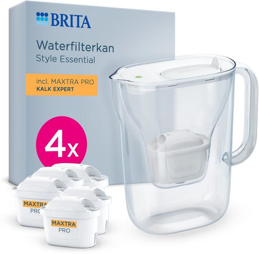 Carafe filtrante BRITA Style Essential Cool - 2,4 L - Blanche - avec 4 cartouches filtrantes MAXTRA PRO Kalk Expert incluses - tient dans le réfrigérateur, avec Smart LED Light et couvercle rabattable
