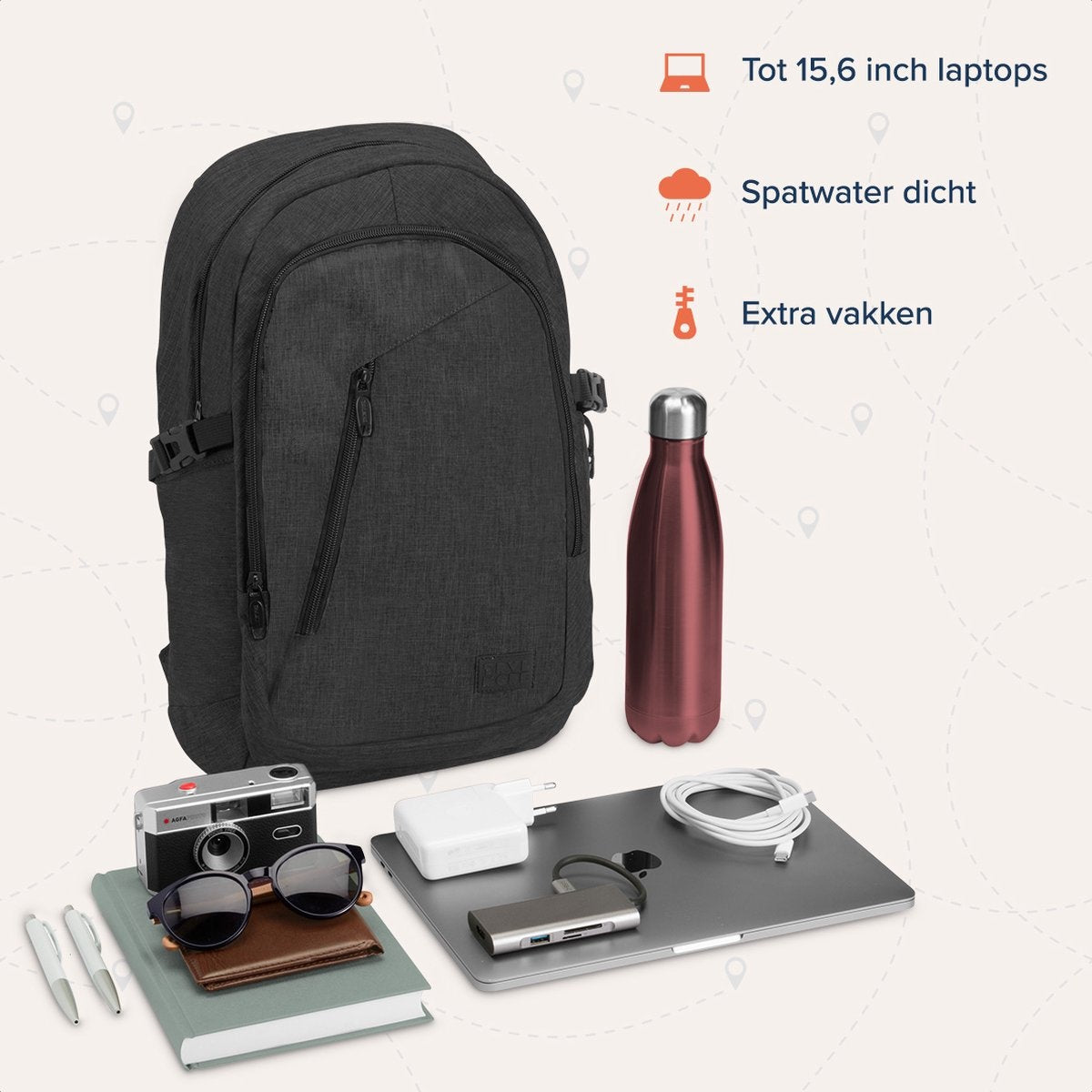 TRVLMORE Sac à dos - 25L - 15.6 inch - Sac à dos pour ordinateur portable - Sac d'école - Unisex - Splashproof Anthracite