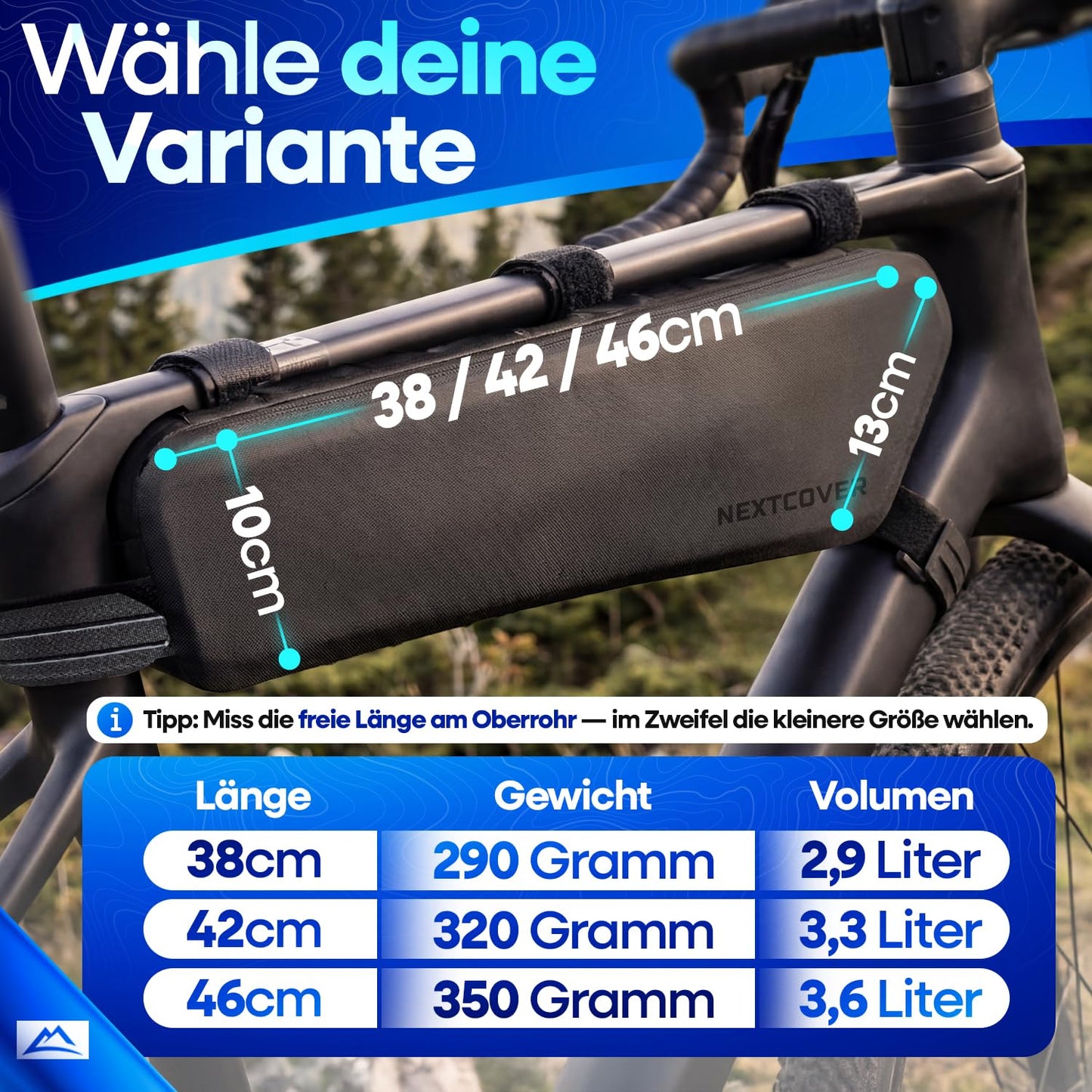 Sac de cadre Nextcover Bikepacking 42 cm - 100 % imperméable AquaShield TPU - sac de tube diagonal pour vélo de gravel, vélo de course et VTT