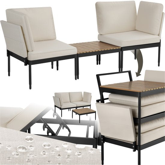 tectake® - Magaluf lounge set - Salon de jardin 5 en 1 avec structure en aluminium - 2 fauteuils de jardin et 1 table basse - Peut être utilisé comme chaise longue, banc d'angle ou banc de jardin 2 places - Coussins inclus - Set de balcon 2 personnes