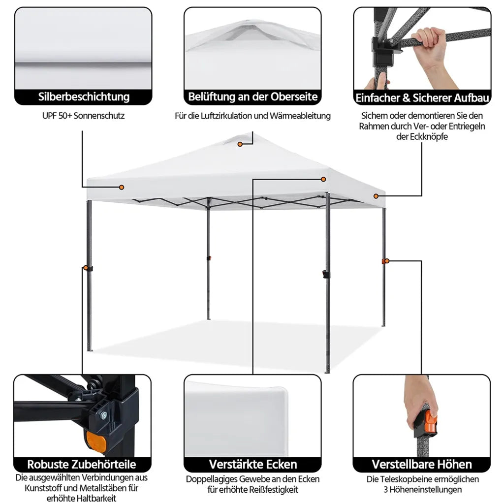Tente de fête pliable Yaheetech 3 x 3 m - Blanche - Imperméable - Hauteur réglable - UV50+ - Sac de transport et 4 sacs de sable inclus
