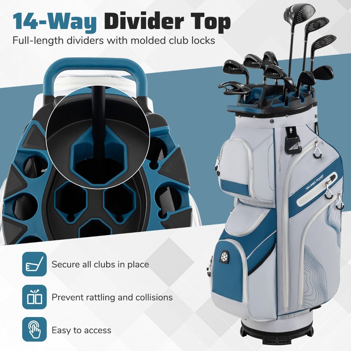 Sac de golf Coast avec 14 compartiments, 11 poches, sangle de transport et housse de pluie - Sac léger pour chariot de golf - 34x24x90.5 cm - Bleu marine