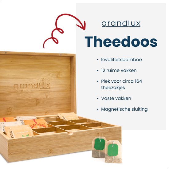 Boîte à thé Grandlux à 12 compartiments – Compartiments spacieux pour Pickwick, Pukka, Twinings, Clipper – 100 % bambou – Rangement pour thé