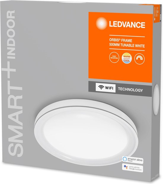 Plafonnier Ledvance Smart WiFi Orbis Frame – Ø 49,5 cm – Panneau LED 32 W avec fonction « Tunable White » et variateur d'intensité – Blanc