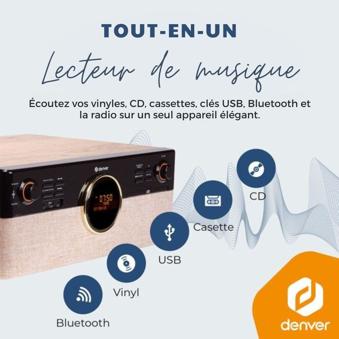 Platine vinyle rétro - Denver - Radio - CD - Cassette - Bluetooth - Auto stop - MRD180 - Bois