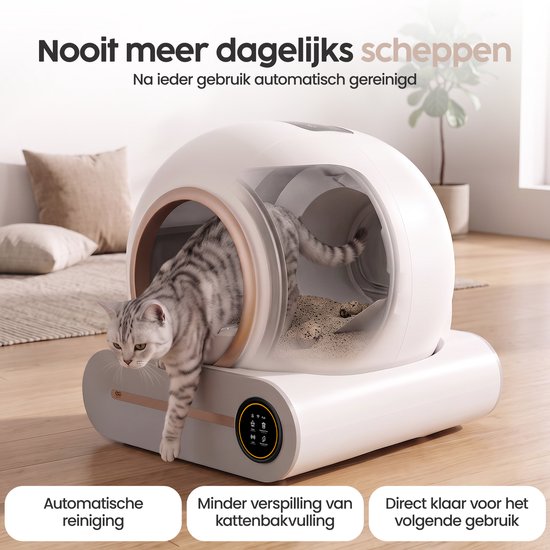 Bac à litière automatique Infinity Goods XXL - Bac à litière autonettoyant - Avec application - 75 L - Avec tapis de bac à litière et 3 rouleaux de sachets de rangement - Blanc/Or rose