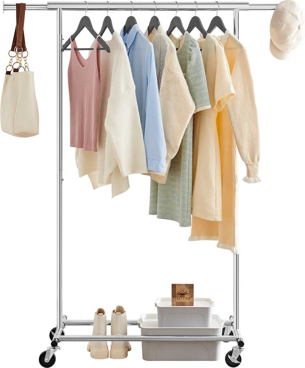 O'DADDY® Porte-manteau à roulettes - Porte-armoire - Porte-manteau ajustable - Porte-manteau extensible 92-132 cm - 90 kg chargeable - Métal - Argent