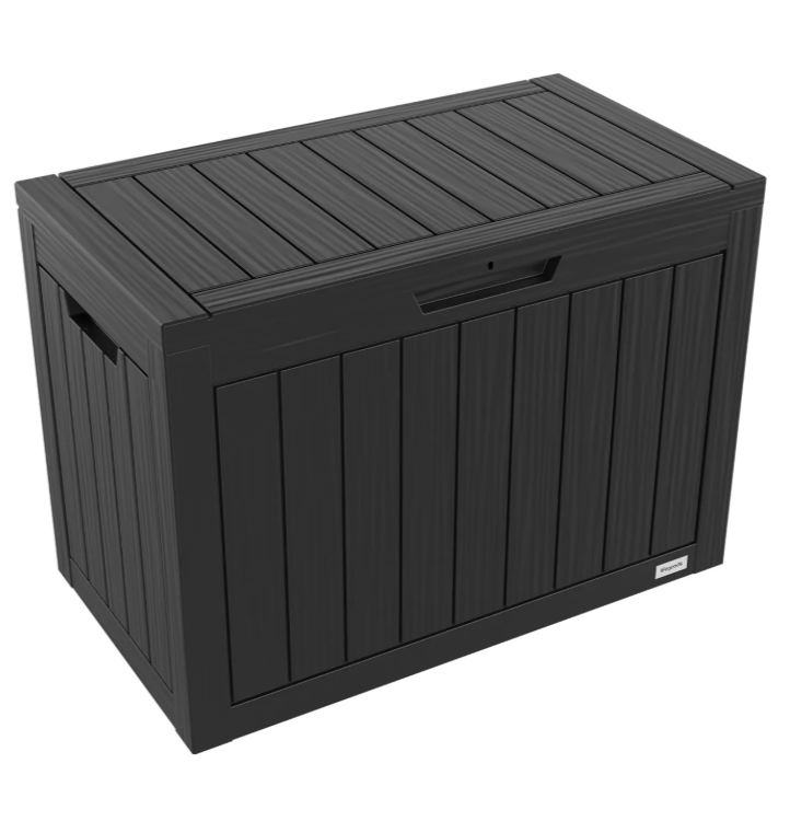 LifeGoods Boîte de rangement XS 170L - Boîte de rangement pour coussins de jardin - étanche - résistant aux intempéries - aspect bois - avec support de serrure - gris