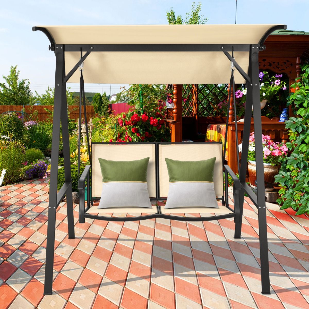 Balançoire de jardin Coast avec auvent - 2 places - Structure métallique - 152 x 112 x 165 cm - Beige