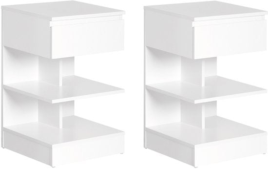 SoBuy Lot de 2 tables d'appoint, table de nuit avec 1 tiroir et 3 étagères, table basse au design scandinave pour le salon ou la chambre, blanc, 39x65x39cm, FBT49-Wx2