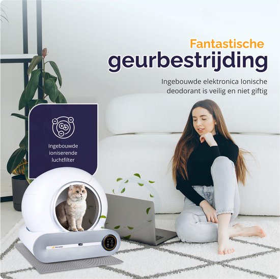 Litière automatique pour chat Viervoeter – Autonettoyante – Contrôle via une application – avec tapis et 3 rouleaux de sacs de ramassage – 65 L