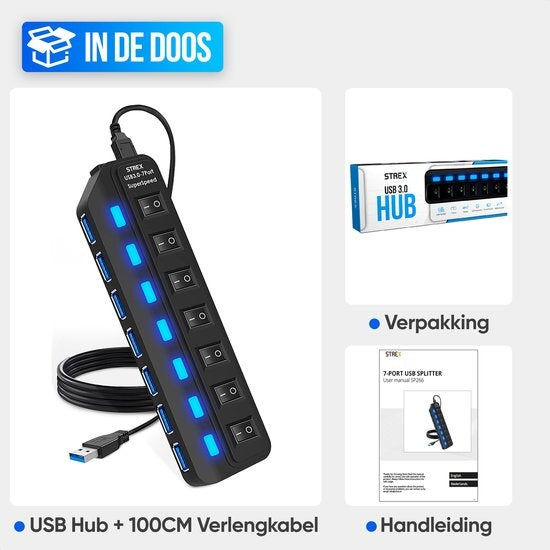 Strex USB 3.0 Hub - Répartiteur USB - 7 ports - 5Gbps - Indication LED - Interrupteur marche/arrêt - Câble 100CM