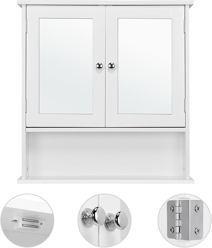 Armoire de salle de bains Yaheetech avec 2 portes miroir et compartiment de rangement ouvert - Blanc
