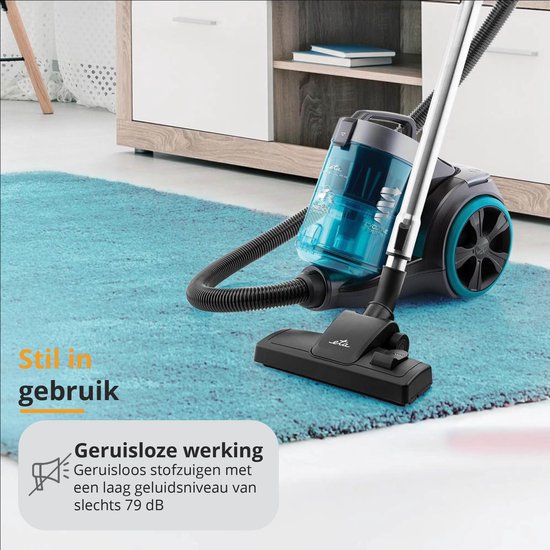 Aspirateur sans sac ETA Stellar avec moteur ECO et accessoires - 1,5 litre - portée 10 mètres - double filtre HEPA 10 et 12 - noir/bleu