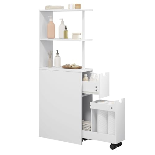 Eugad Meuble de salle de bain étroit avec tiroirs et étagère réglable - MDF blanc - 45 x 19 x 113 cm