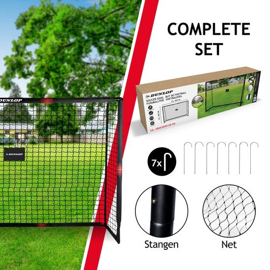 Dunlop Football Goal - But de football 300 x 200 x 120 cm - But de football grand format - Jouets d'extérieur pour enfants et adultes - Montage rapide - But d'entraînement de football - Métal - Noir/Rouge