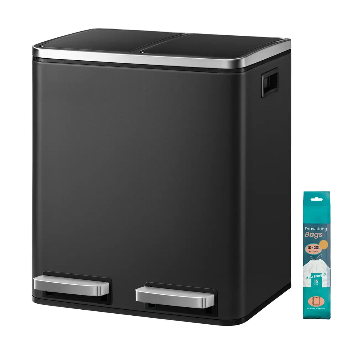 Poubelle à double pédale Joyfurnos - Noire - 2 x 15 litres - Couvercle à fermeture douce - Acier - 41,8 x 35,9 x 44,5 cm