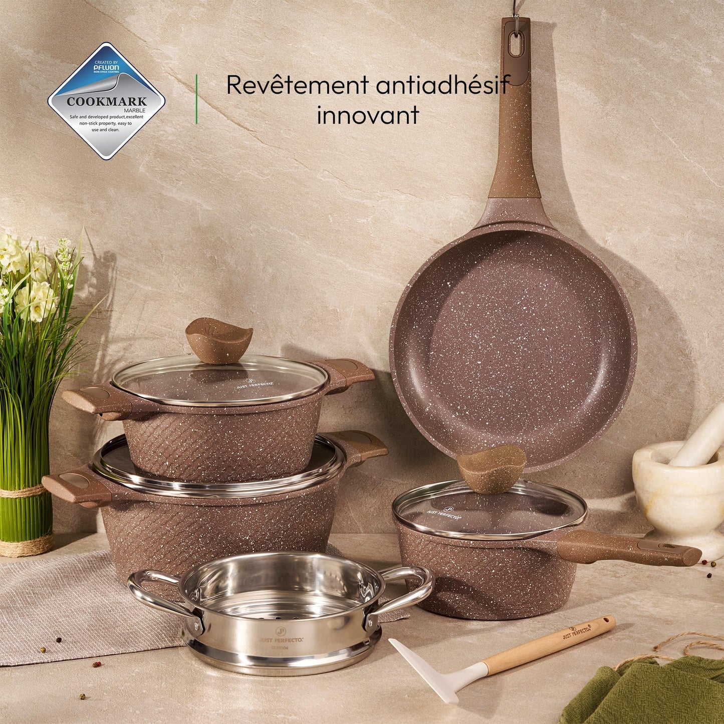 Batterie de cuisine Just Perfecto - 21 pièces - Induction - Granit - Marron