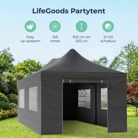 LifeGoods Tente de réception - 3x6 m - Parois latérales - Montage facile - Anthracite