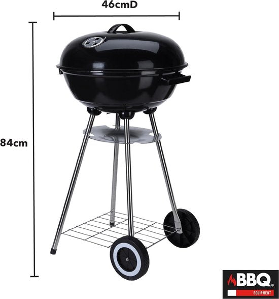 Barbecue à charbon de bois sphérique sur roulettes, 46 cm, noir