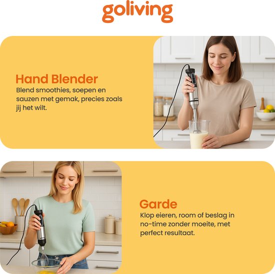 Goliving Hand Blender Set 5-in-1 - Hachoir - Tasse à mesurer - Fouet - 1000W - Accessoires lavables au lave-vaisselle - acier inoxydable - Noir