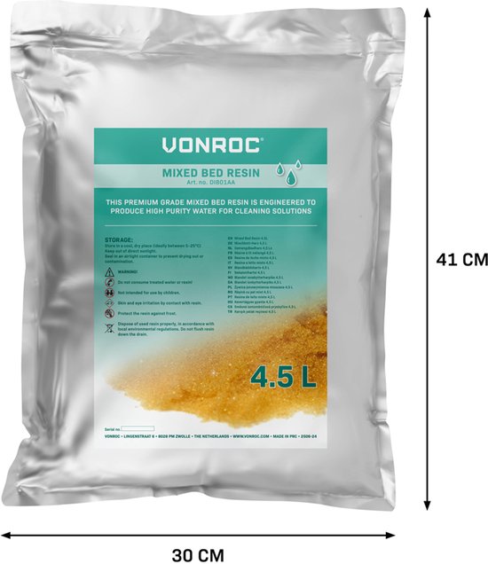 Résine à lit mélangé VONROC Premium - Sachet de recharge - 4,5 L - Pour le filtre à eau pure VONROC DI501XX et compatible avec les systèmes de filtration DI similaires