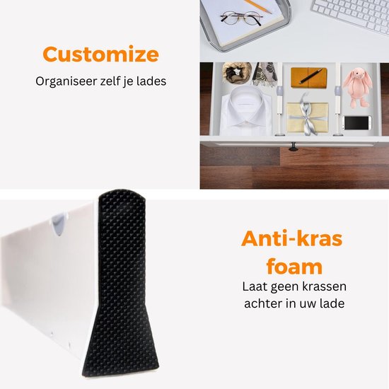 Posity Séparateur de tiroirs - réglable et extensible - 4 pièces - Organisateur de tiroirs - 38-54 cm - Pour la cuisine, la chambre et les vêtements - Plastique - Blanc