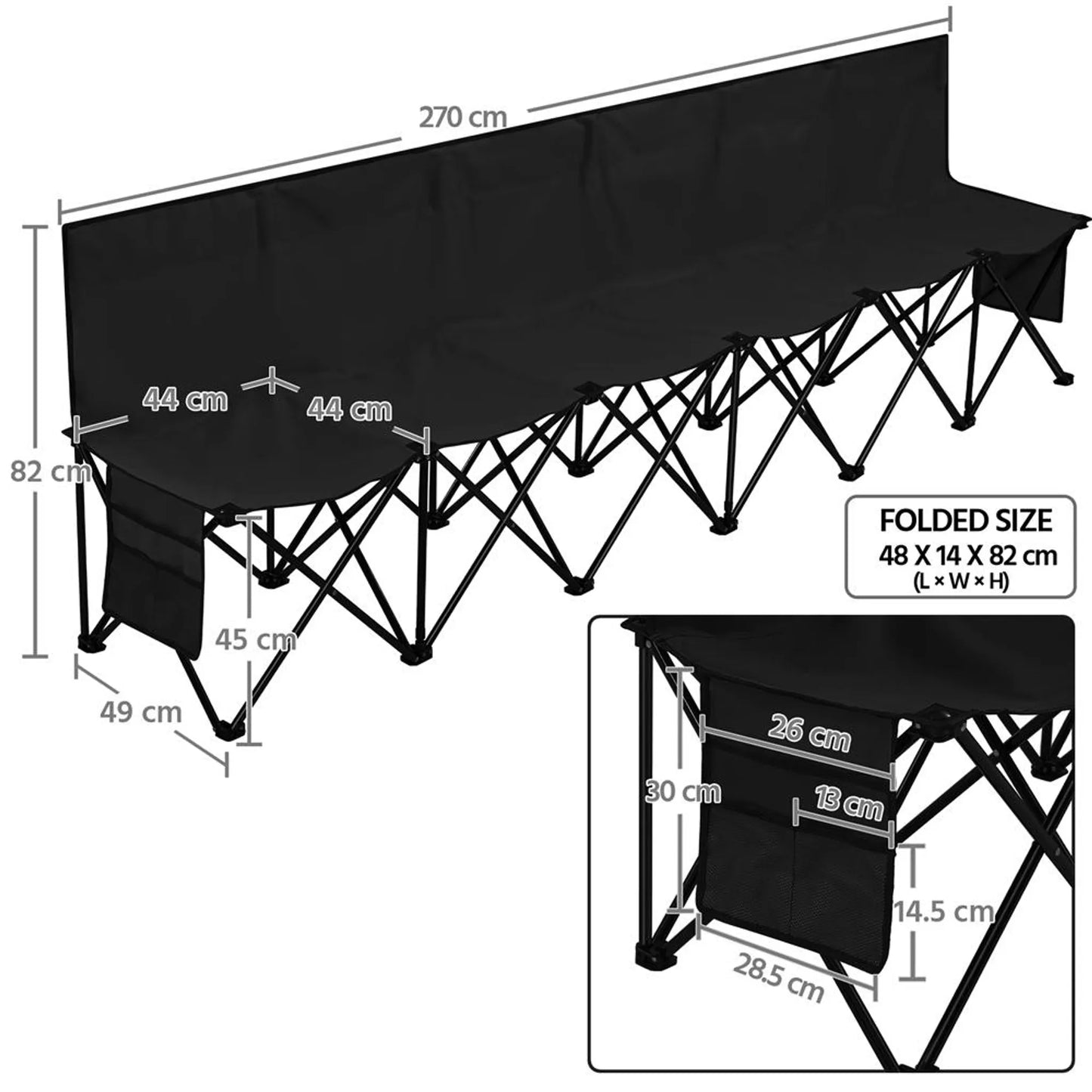 Yaheetech Banc de camping pliable pour 6 personnes - 270 x 49 x 82 cm - équipé d'un tissu 600D Oxford, d'un sac de transport et de poches latérales - pour les équipes sportives et les événements - métal noir