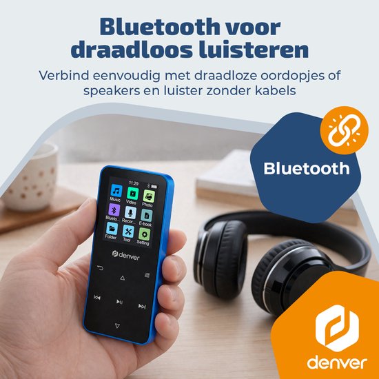 Lecteur MP3/MP4 Denver - Bluetooth - Lecture aléatoire/Répétition - Carte SD jusqu'à 128 Go - Écouteurs inclus - Dictaphone - MP1830BU - Bleu
