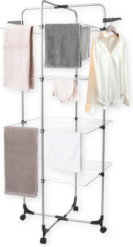 BRASQ Tour de séchage 4 couches - Longueur de séchage 40 mètres - Étagère de séchage avec roulettes et supports - Étagère à linge - Tour de séchage 68x68x169 cm - Blanc