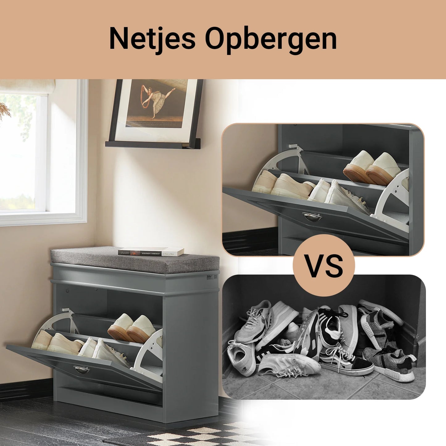 SoBuy FSR82-K-HG Banc d'entrée gris avec porte battante et coussin d'assise – Espace de rangement pour chaussures 60 × 24 × 51 cm