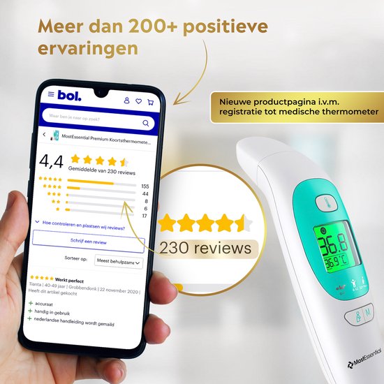 MostEssential Premium Thermomètre de fièvre - Thermomètre auriculaire - Thermomètre infrarouge - Thermomètre frontal - Thermomètre corporel - Thermomètre de fièvre pour adultes, enfants et bébés - Sans contact - 20M