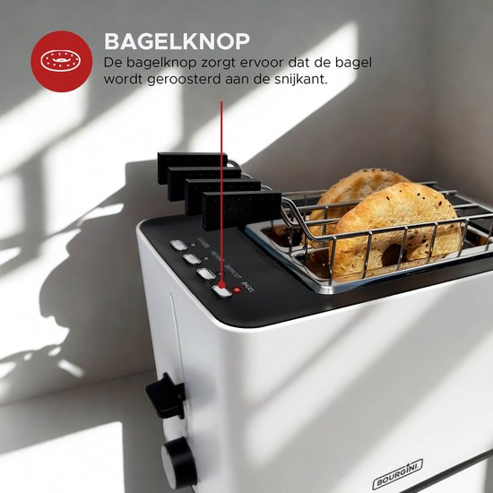 Grille-pain Bourgini Tosti avec fonction bagel - Grille-pain avec pinces à sandwich - Finition blanche mate - Fente extra-large pouvant accueillir 2 sandwichs