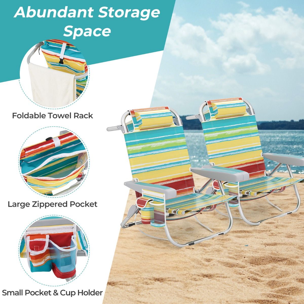 Chaise de plage avec dossier réglable à 5 positions, pliable, avec porte-gobelet et compartiments de rangement, multicolore