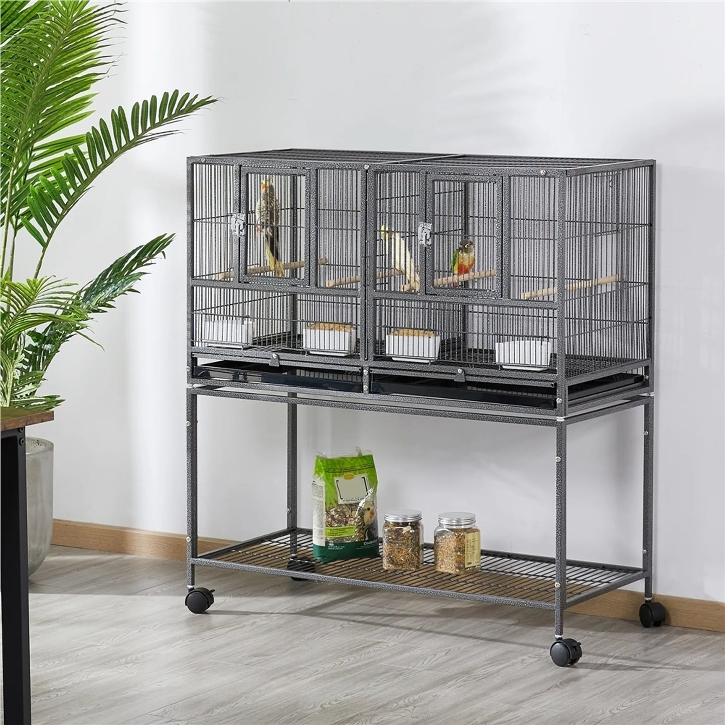 Yaheetech Cage à oiseaux avec cloison - Avec support amovible et quatre perchoirs et rangement - Pour canaris et perruches - Métal laqué noir et bois - 95,5 x 45,5 x 105 cm