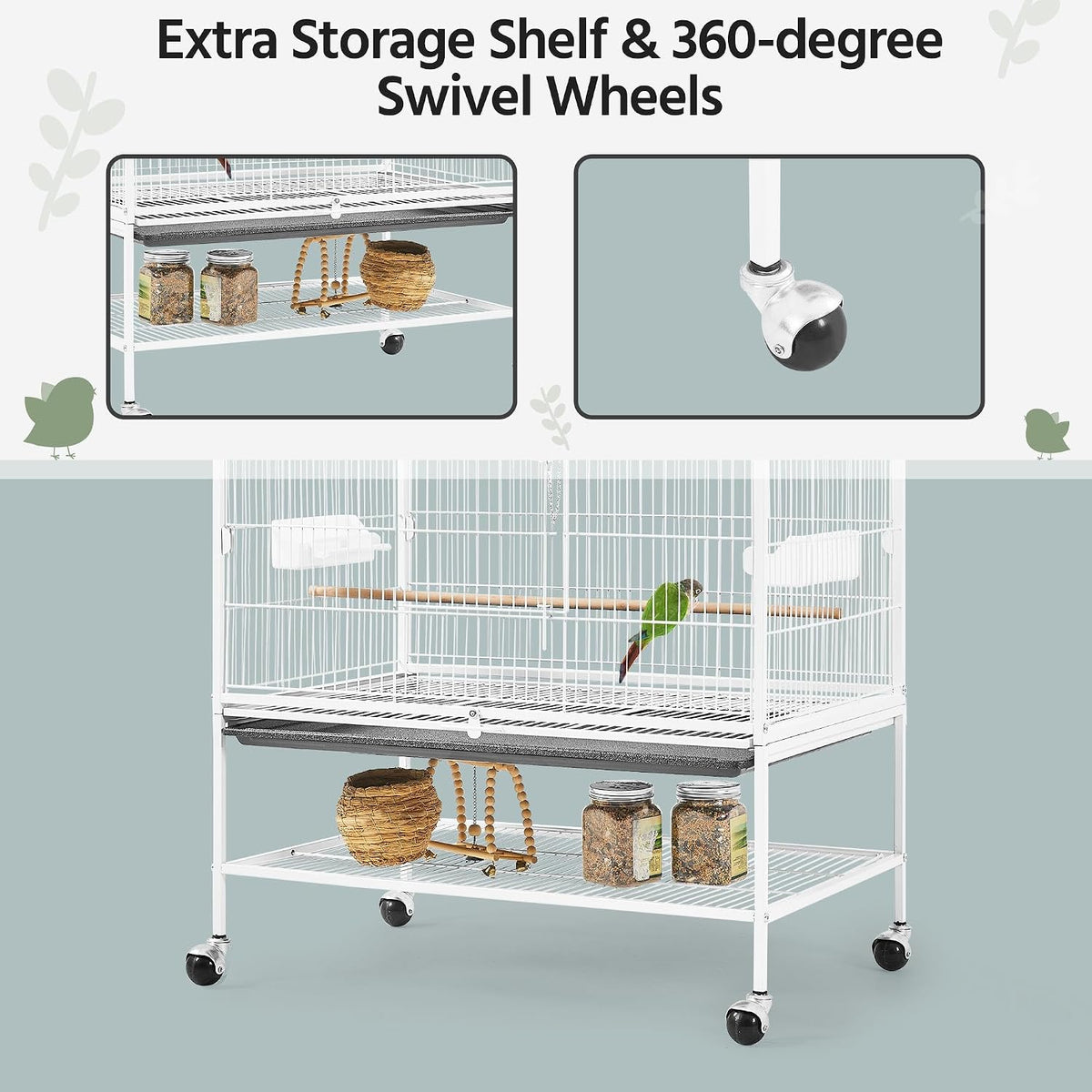 Cage à oiseaux Yaheetech avec support – 79 × 51,8 × 132 cm – Blanche – Cage pour perruches avec roulettes, 3 perchoirs en bois et 4 mangeoires