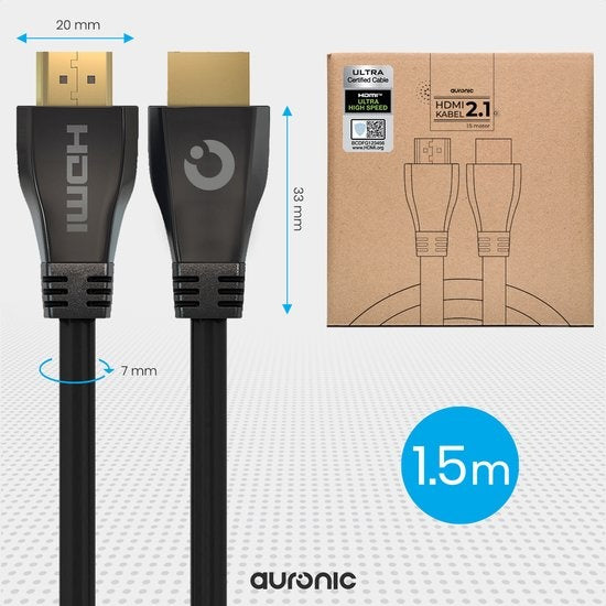 Auronic HDMI Ultra High Speed 2.1 Cable - Ethernet - Câble mâle-mâle - Noir - 1,5 mètre