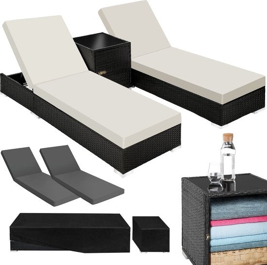 Tectake 2 chaises longues de luxe avec table d'appoint - Noir - Housse de protection incluse - 401500