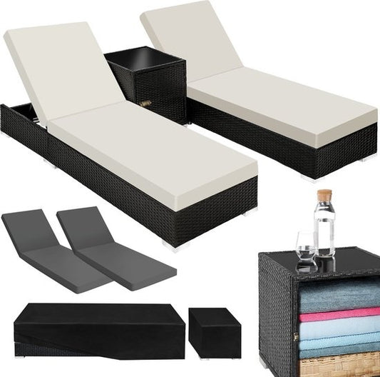 Tectake 2 chaises longues de luxe avec table d'appoint - Noir - Housse de protection incluse - 401500