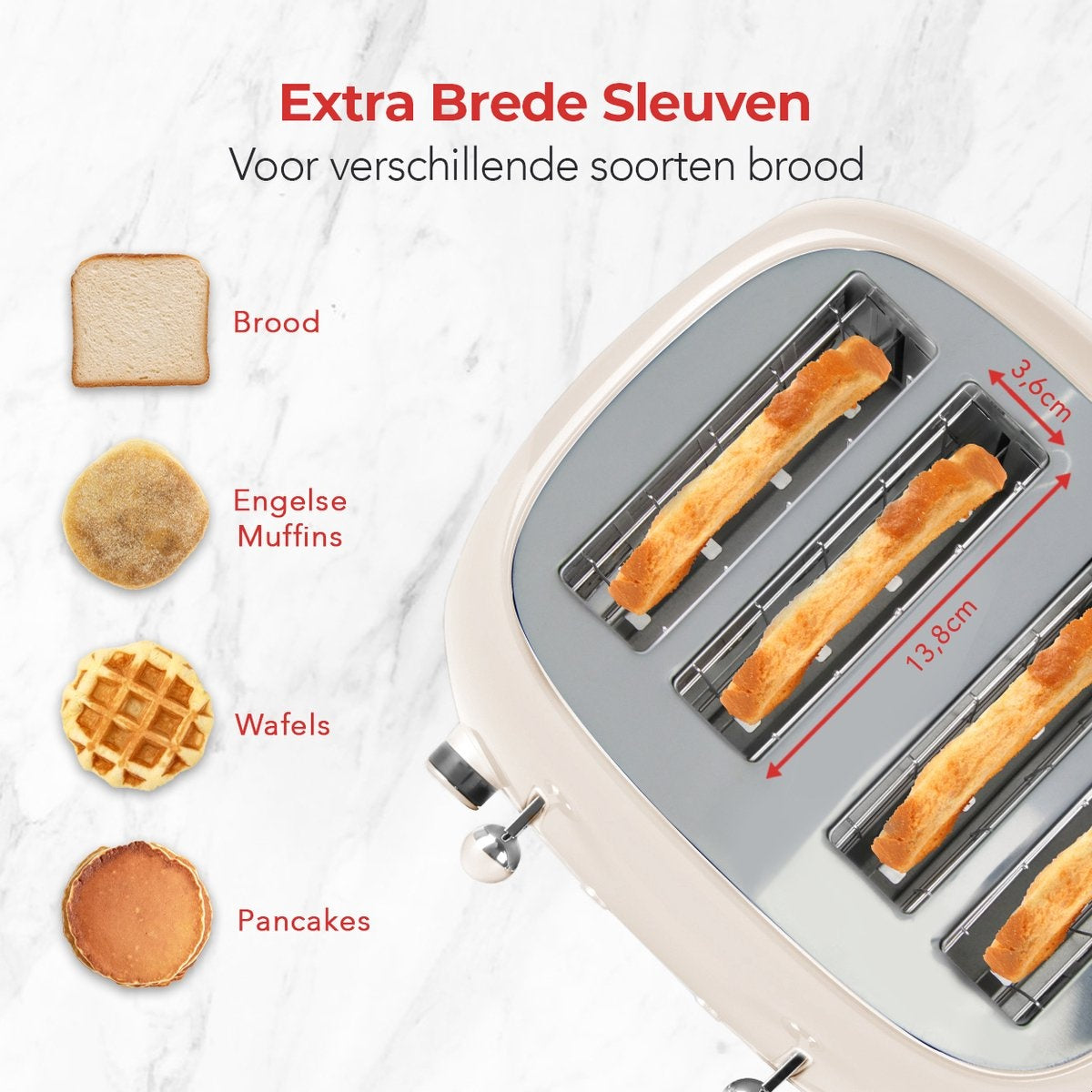 KitchenBrothers Retro Toaster - Grille-pain - 6 niveaux de chaleur - 4 fentes extra-larges - 1630W - Beige