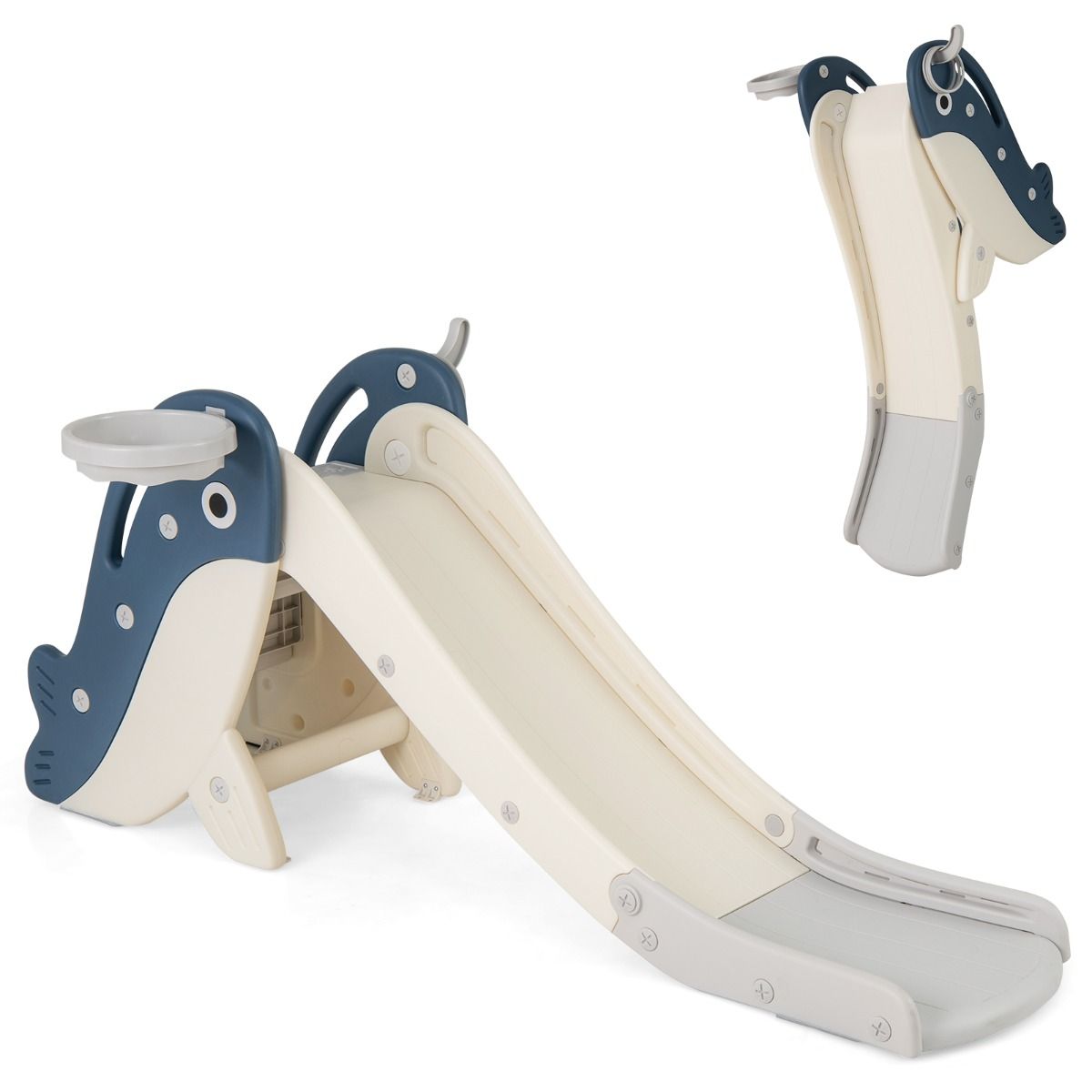 Toboggan pour enfants Coast avec panier de basket et jeu de lancer d'anneaux - Ensemble de jeu pliable - Motif baleine - Bleu