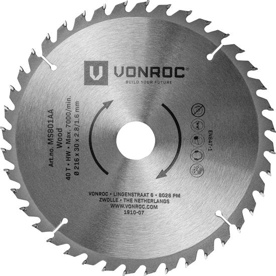 VONROC Lame de scie - Ø216MM - 40 dents - pour bois - convient aux scies à table et à tronçonner