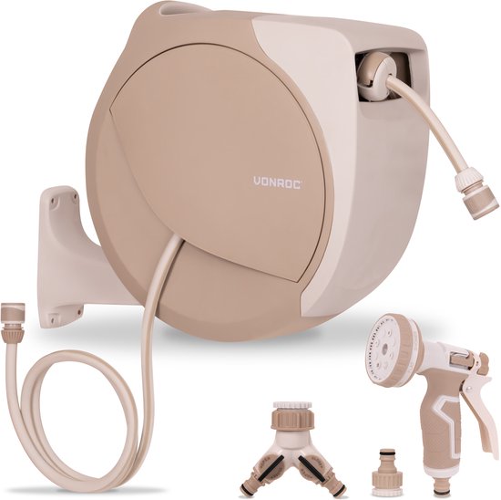 Enrouleur automatique de tuyau d'arrosage VONROC – boîtier mural pour tuyau d'arrosage – avec tuyau d'arrosage haut de gamme de 30 m, pistolet d'arrosage à 8 positions et raccords – beige