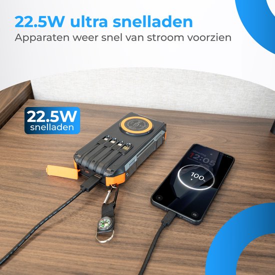 Powerbank solaire Nuvance 20 000 mAh - Chargeur rapide 22,5 W - USB-C et USB-A - 4 câbles intégrés - Powerbank sans fil 15 W - Kit d'urgence - Powerbank à énergie solaire
