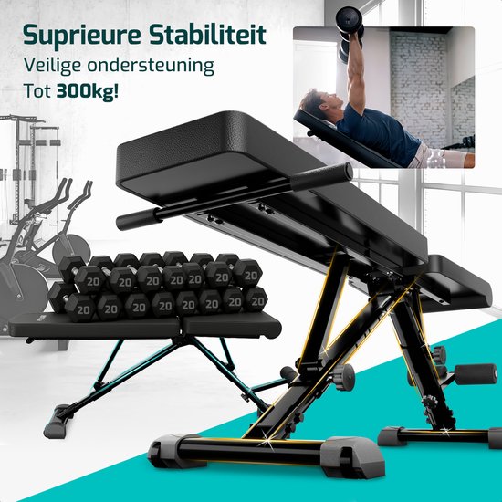 FITAGE Fitness Bench - Banc de musculation jusqu'à 300KG - Réglable - Pliable - Noir
