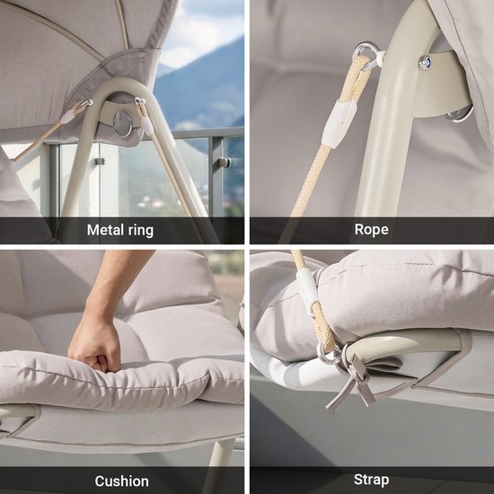 SoBuy OGS62-MI Fauteuil à bascule avec parasol réglable - Pour l'intérieur et l'extérieur - Hamac et chaise de jardin d'extérieur - beige, 108 x 126 x 163 cm