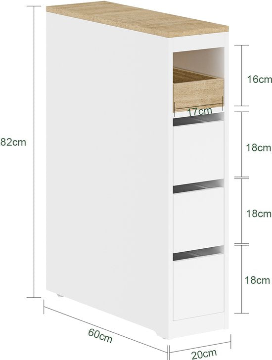 SoBuy Meuble de toilette 20 cm, meuble de salle de bain avec 3 tiroirs, petit meuble à papier toilette, étagère mobile pour salle de bain, toilettes et cuisine, blanc, 60 x 20 x 82,3 cm