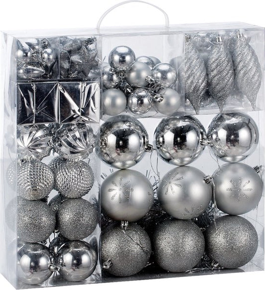 Boules de Noël Deuba - Lot de 103 boules en plastique mat brillant - argenté