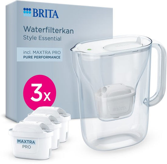 Carafe filtrante BRITA Style Essential Cool - 2,4 L - Blanche - avec 3 cartouches filtrantes MAXTRA PRO Pure Performance - se range dans le réfrigérateur, avec éclairage LED Smart et couvercle rabattable