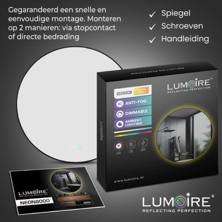 Miroir Lumoire Neon 8000 avec éclairage - Bord noir - Ø 80 cm - Rond, anti-buée, en forme d'horloge